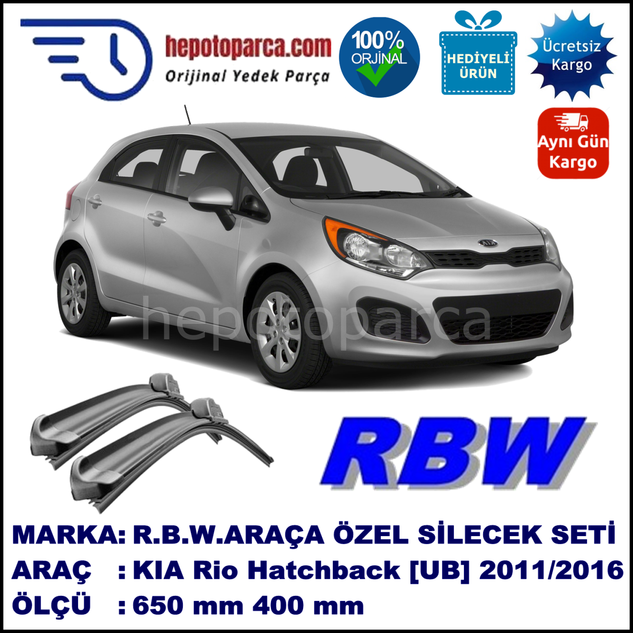 KIA Rio Hatchback [UB] 06.11-... 650 / 400 mm. RBW Muz Silecek Seti  2'li Takım. U Kanca Uyumludur.