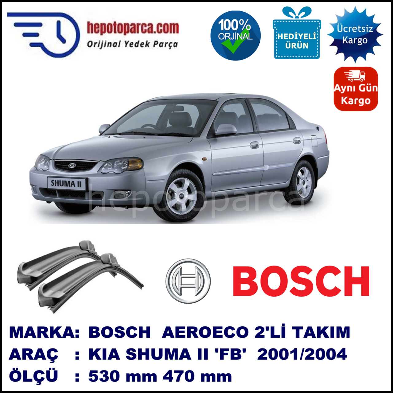 KIA Shuma II [FB] 01.2001-08.2004, 530 / 470 mm. BOSCH AEROECO Aparatlı Muz Silecek
