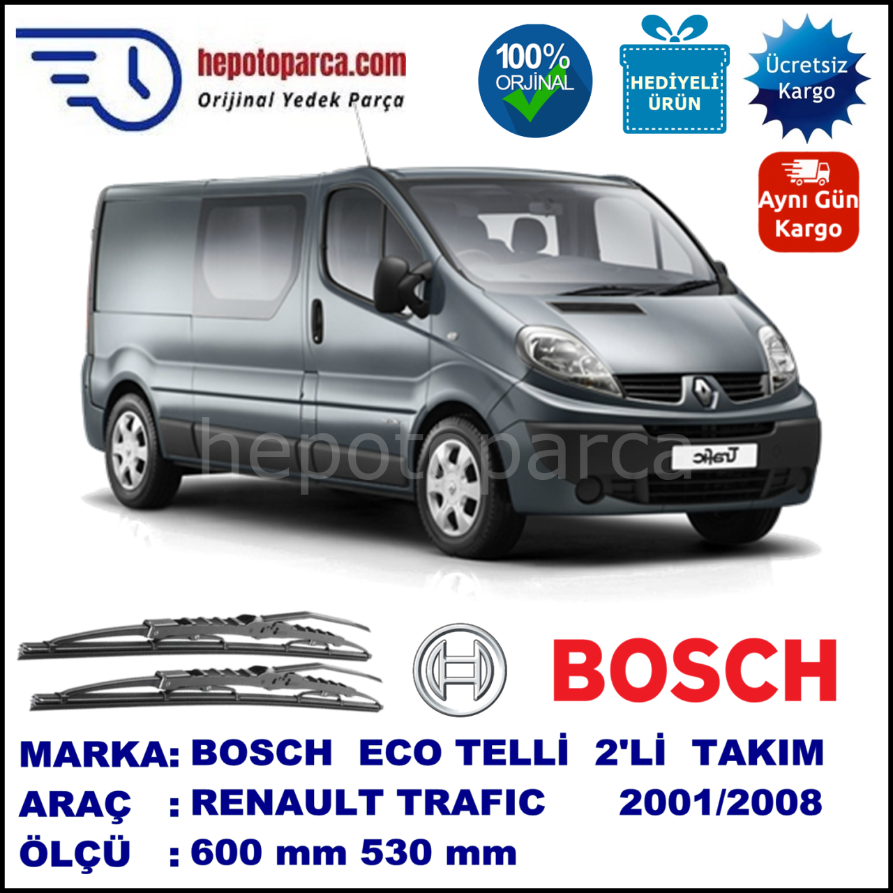 RENAULT Trafic [EL./FL./JL.] 05.01-... 600 / 530 mm. BOSCH ECO Telli Silecek 2'li Takım