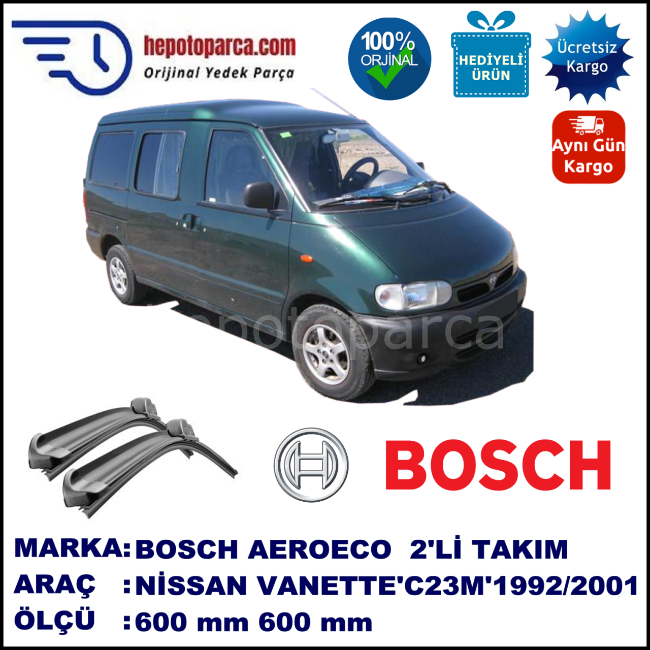 NISSAN Vanette Cargo [C23M] 07.1992-11.2001, 600 / 600 mm. BOSCH AEROECO Aparatlı Muz Silecek