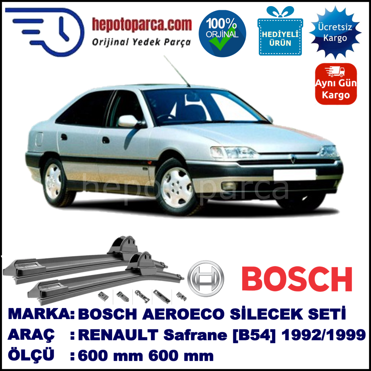 RENAULT Safrane [B54] 04.1992-01.1999, 600 / 600 mm. BOSCH AEROECO Aparatlı Muz Silecek