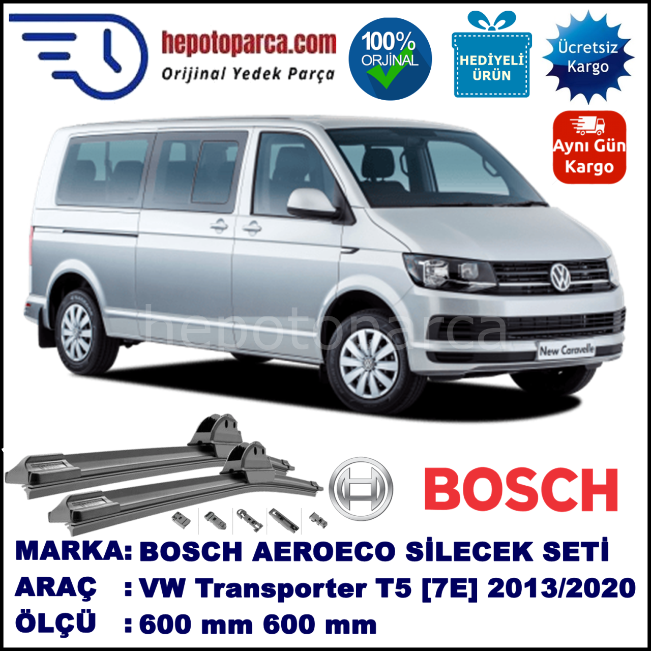 VW Transporter T5 [7E] 06.2013-..., 600 / 600 mm. BOSCH AEROECO Aparatlı Muz Silecek