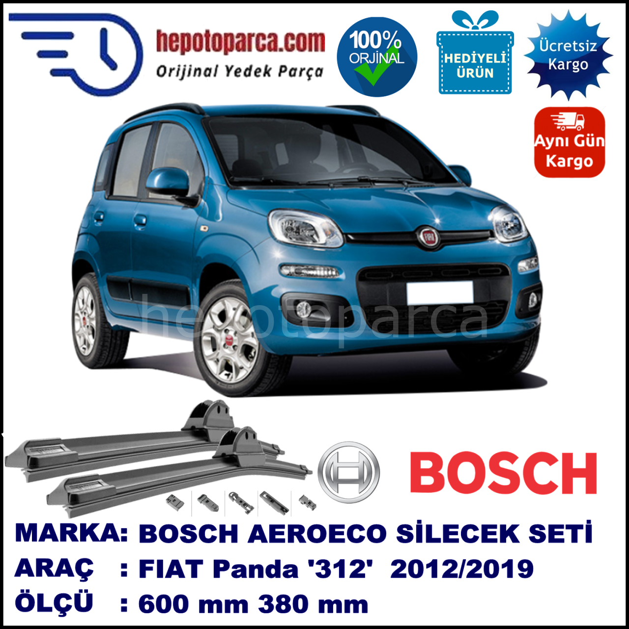 FIAT Panda [312..] 02.2012-..., 600 / 380 mm. BOSCH AEROECO Aparatlı Muz Silecek