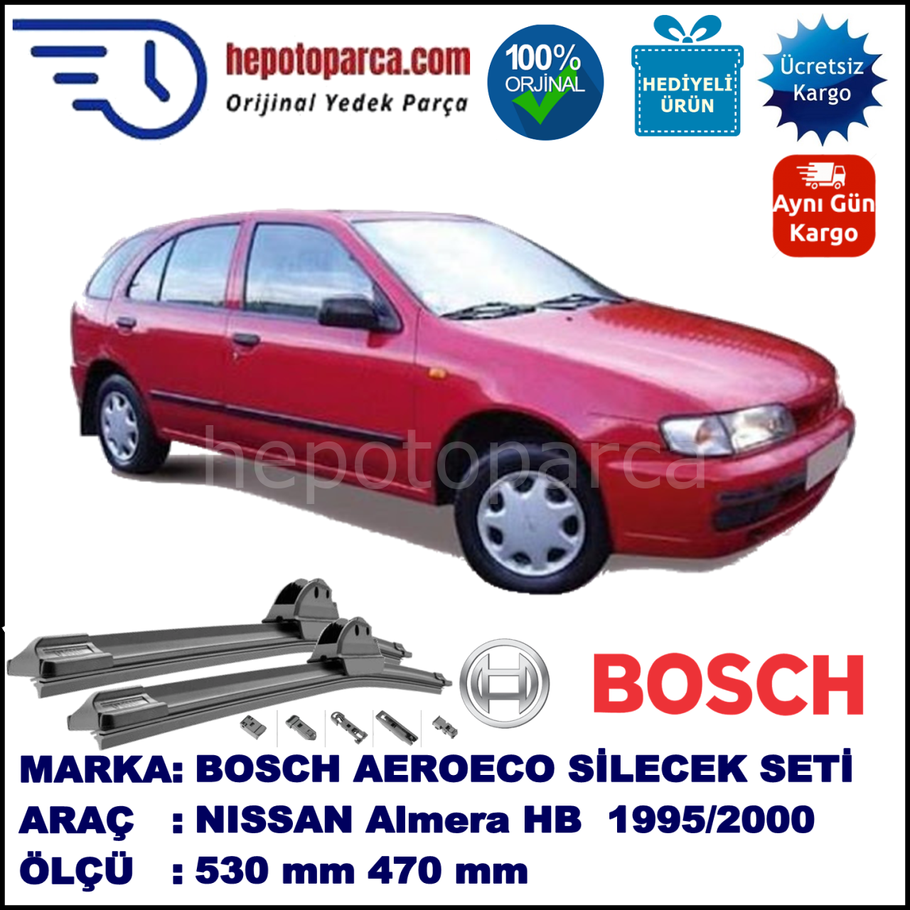 NISSAN Almera Hatchback [N15] 07.1995-04.2000, 530 / 470 mm. BOSCH AEROECO Aparatlı Muz Silecek