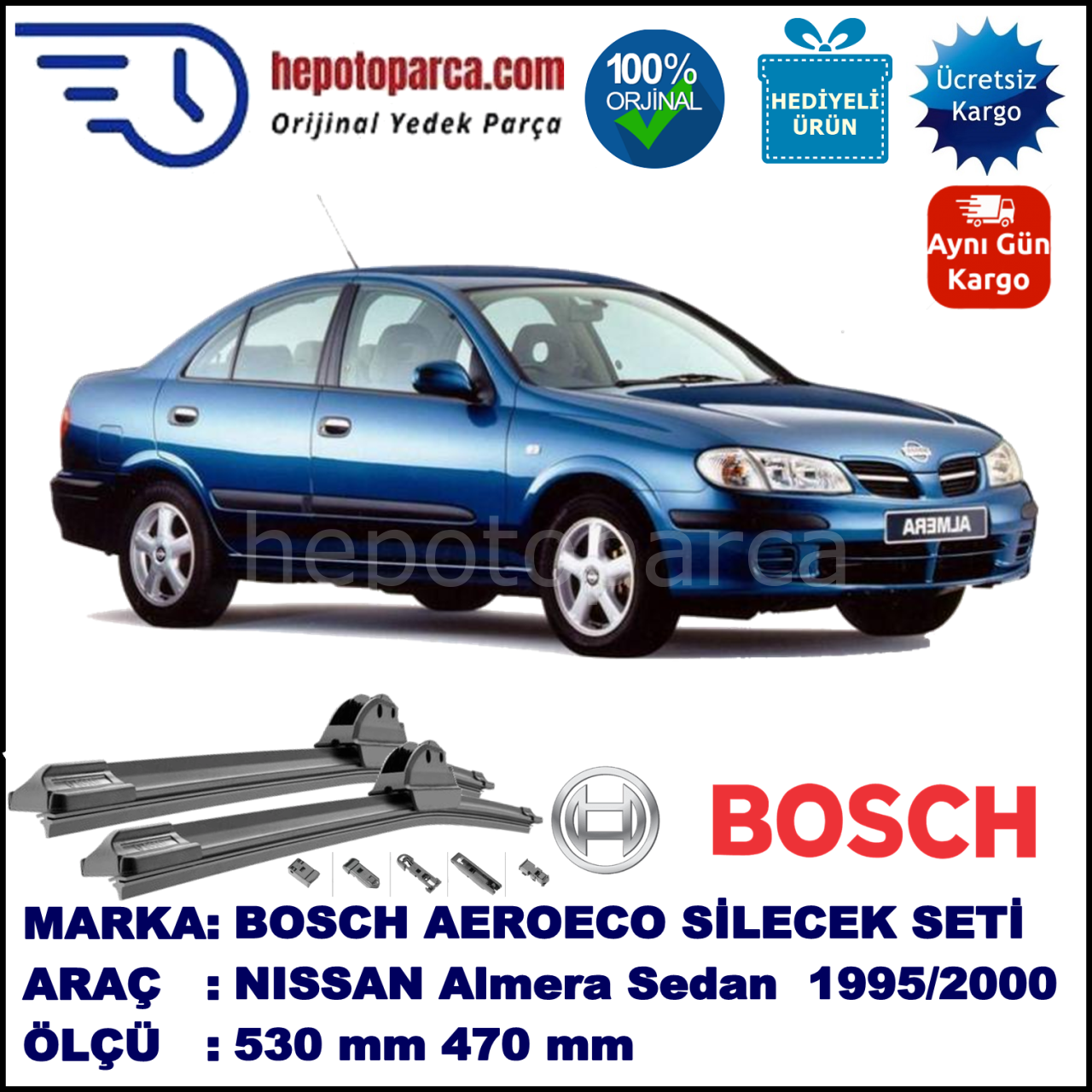 NISSAN Almera Sedan [N15] 07.1995-04.2000, 530 / 470 mm. BOSCH AEROECO Aparatlı Muz Silecek