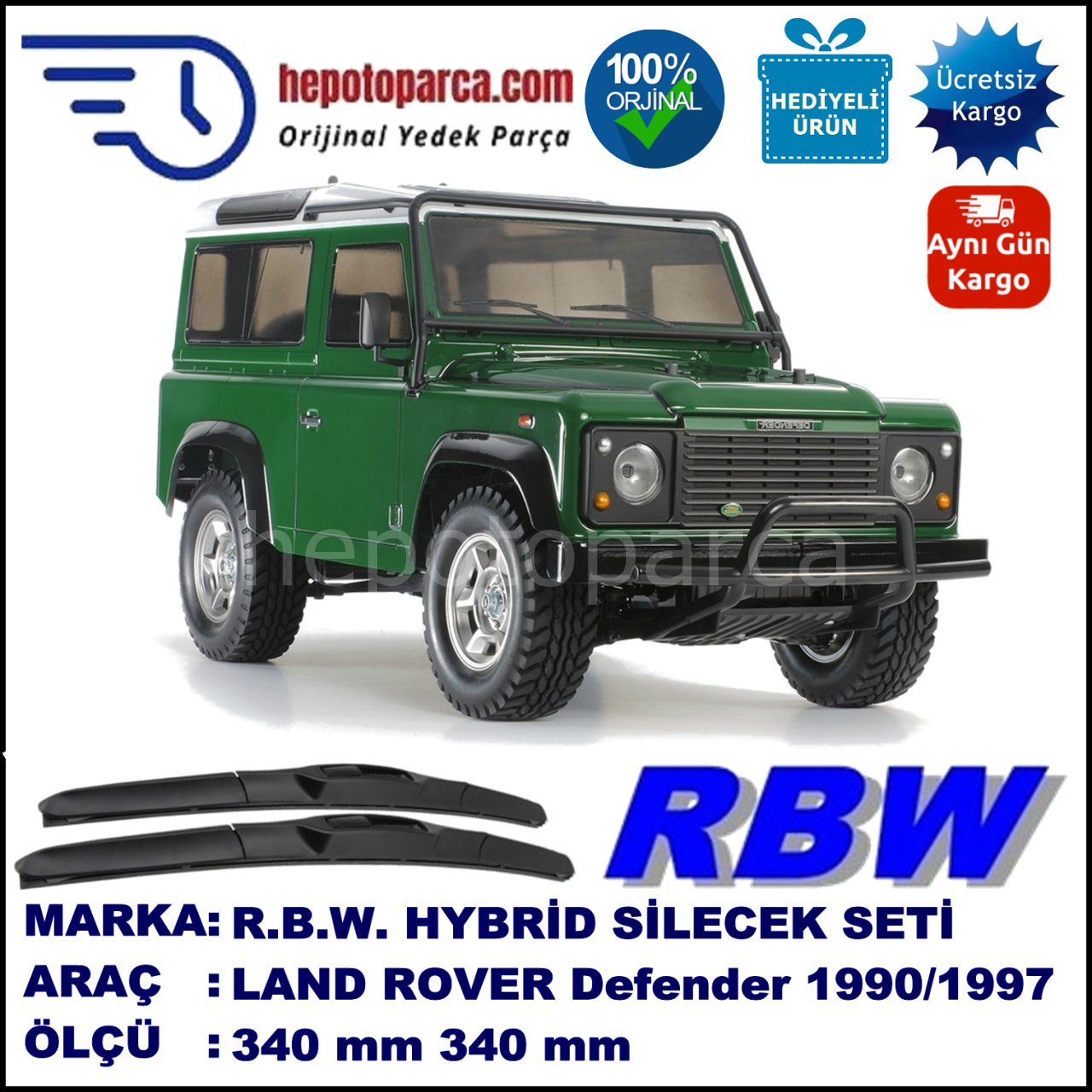 LAND ROVER  Defender 90  08.90-... 340 / 340 mm. RBW Hybrid Silecek Seti. U Kanca Uyumlu Hibrit