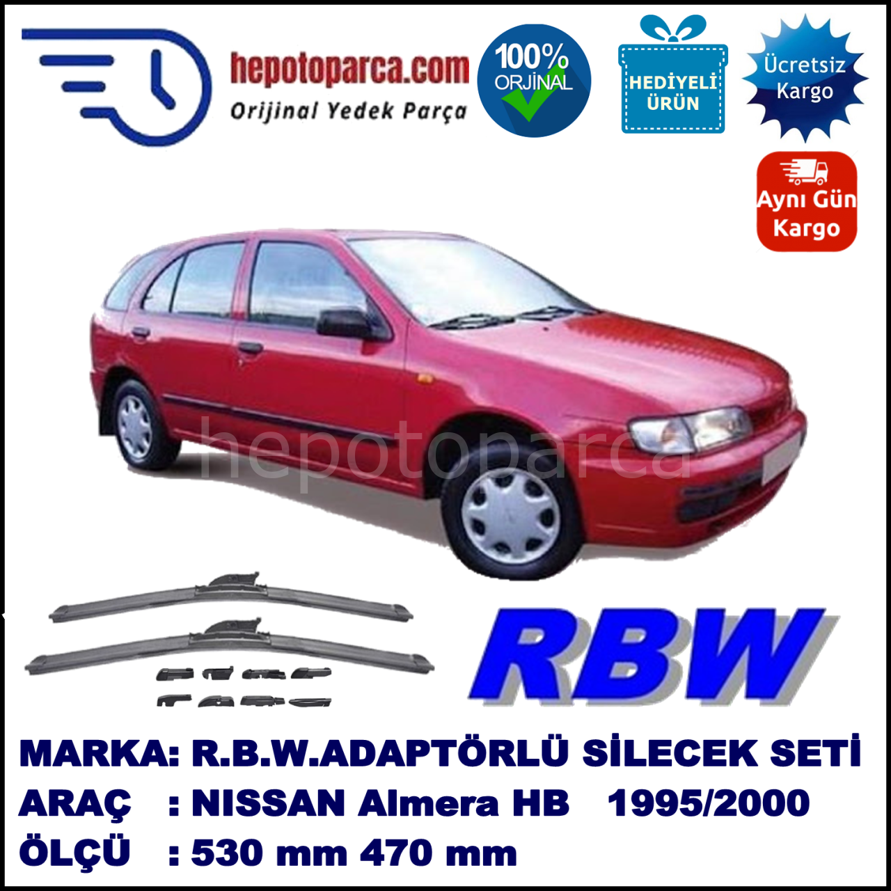 NISSAN Almera Hatchback [N15] 07.1995-04.2000, 530 / 470 mm.  RBW  ADAPTÖRLÜ MUZ SİLECEK SETİ