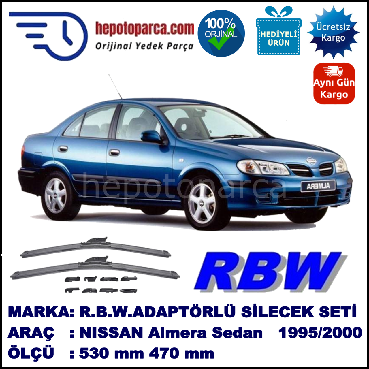 NISSAN Almera Sedan [N15] 07.1995-04.2000, 530 / 470 mm.  RBW  ADAPTÖRLÜ MUZ SİLECEK SETİ