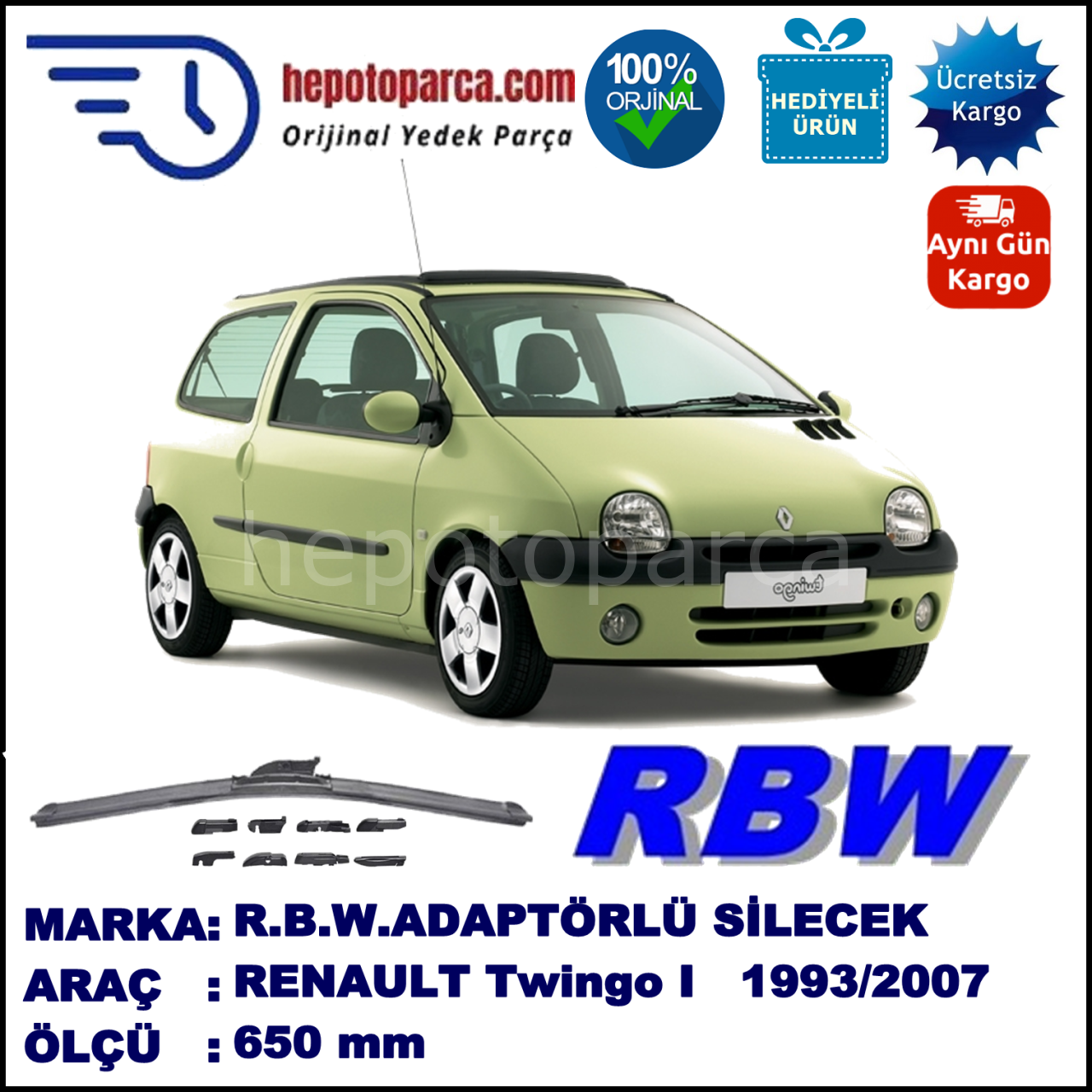 RENAULT Twingo I [C0./S0.] 03.1993-05.2007, 650 / - mm.  RBW  ADAPTÖRLÜ MUZ SİLECEK