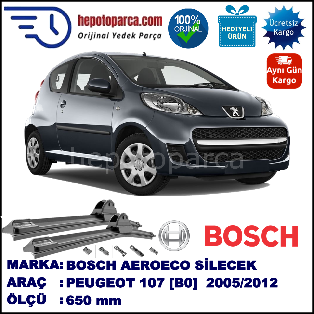 PEUGEOT 107 [B0] 06.2005-..., 650 / - mm. BOSCH AEROECO Aparatlı Muz Silecek