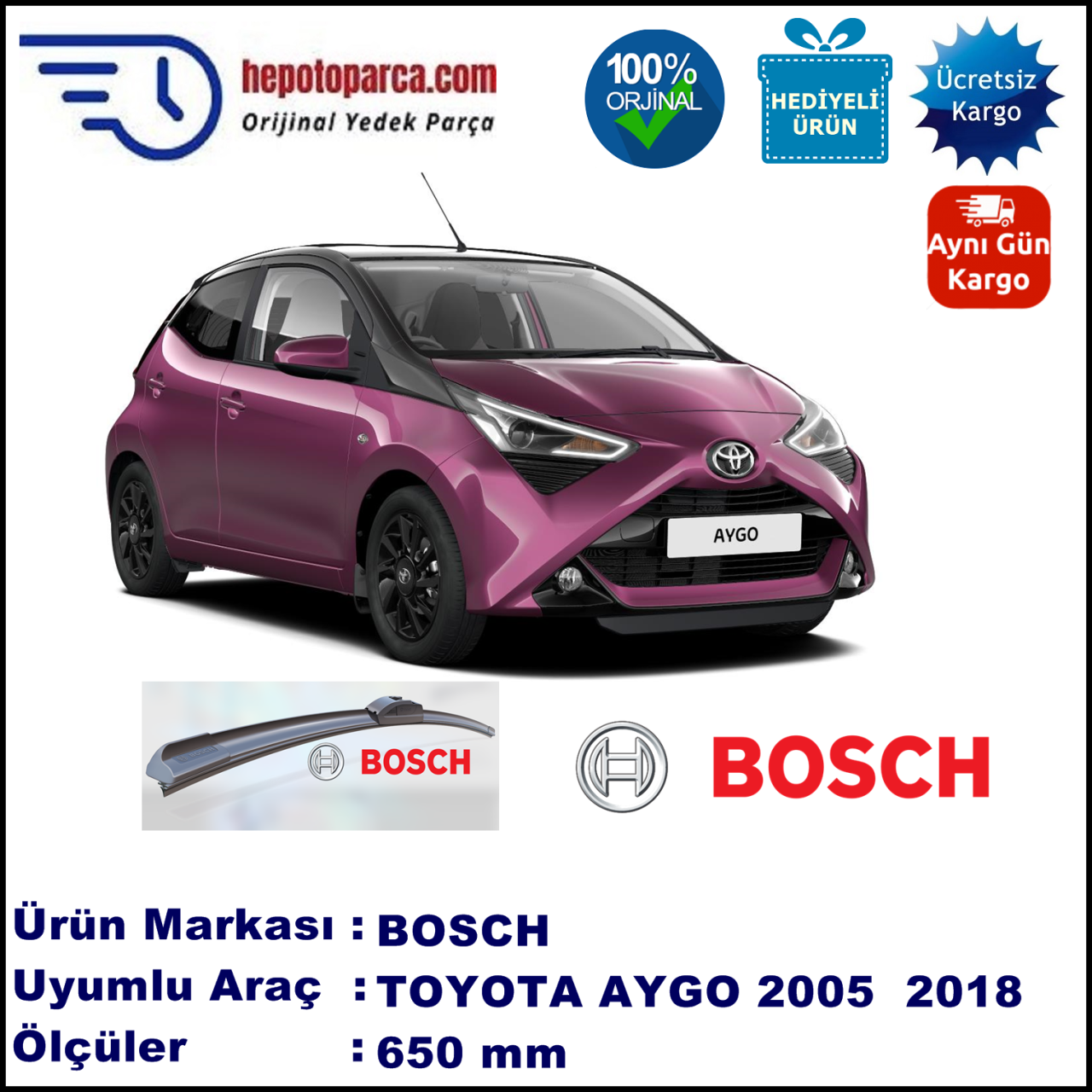 TOYOTA Aygo  02.2005-..., 650 / - mm. BOSCH AEROECO Aparatlı Muz Silecek