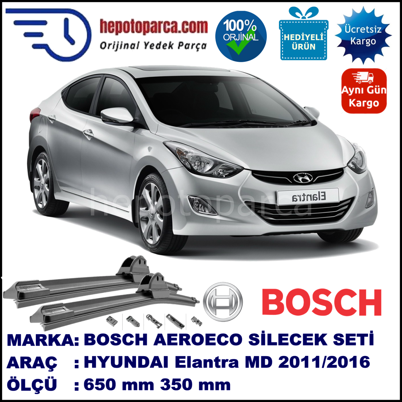 HYUNDAI Elantra [MD] 02.2011-..., 650 / 350 mm. BOSCH AEROECO Aparatlı Muz Silecek