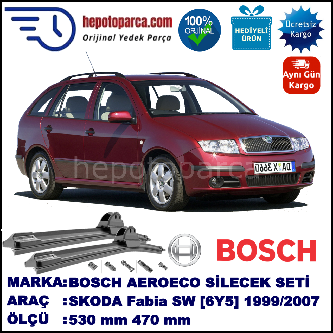 SKODA Fabia Combi [6Y5] 12.1999-12.2007, 530 / 470 mm. BOSCH AEROECO Aparatlı Muz Silecek