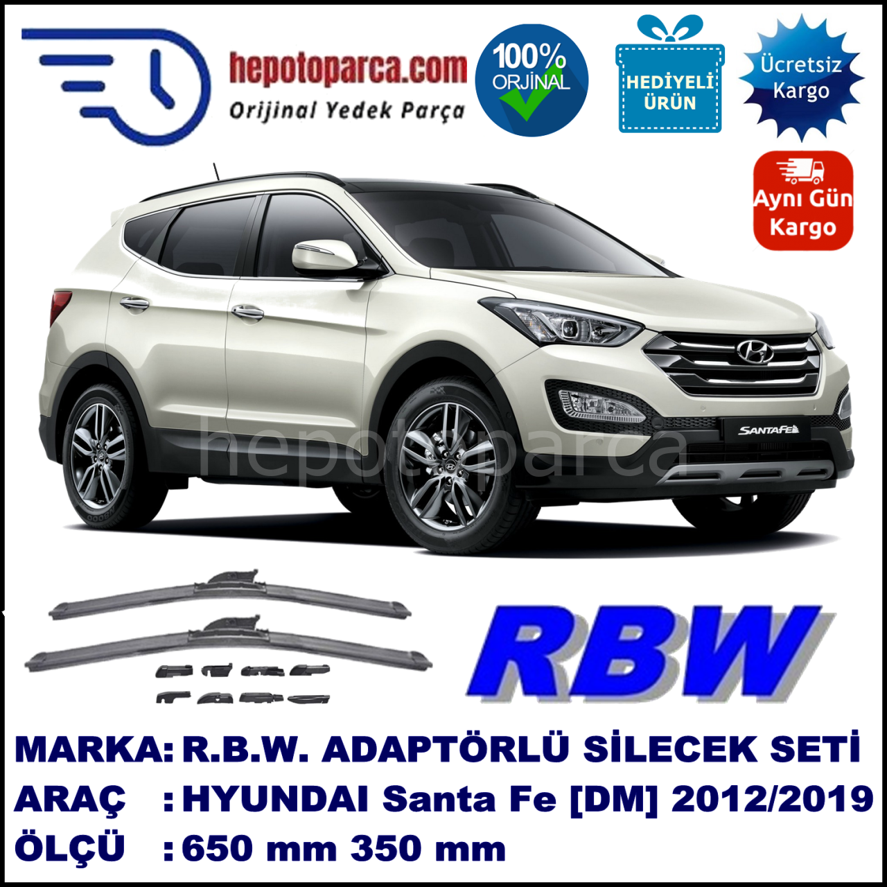 HYUNDAI Santa Fe [DM] 06.2012-..., 650 / 350 mm.  RBW  ADAPTÖRLÜ MUZ SİLECEK SETİ