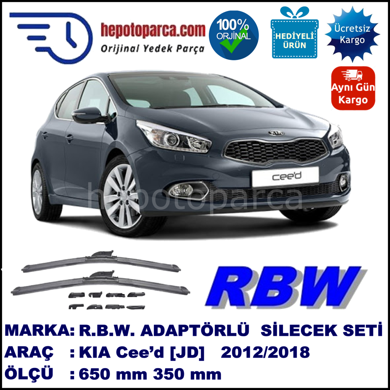 KIA Cee’d [JD] 05.2012-..., 650 / 350 mm.  RBW  ADAPTÖRLÜ MUZ SİLECEK SETİ