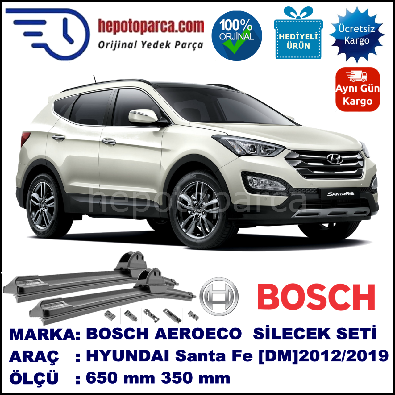 HYUNDAI Santa Fe [DM] 06.2012-..., 650 / 350 mm. BOSCH AEROECO Aparatlı Muz Silecek