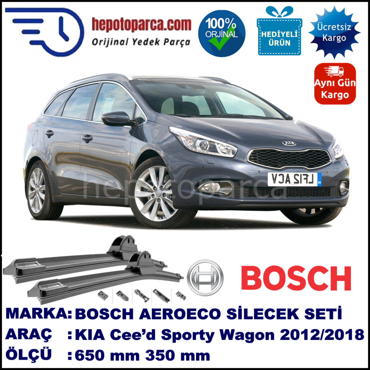 KIA Cee’d CEED Sporty Wagon [JD] 08.2012-..., 650 / 350 mm. BOSCH AEROECO Aparatlı Muz Silecek