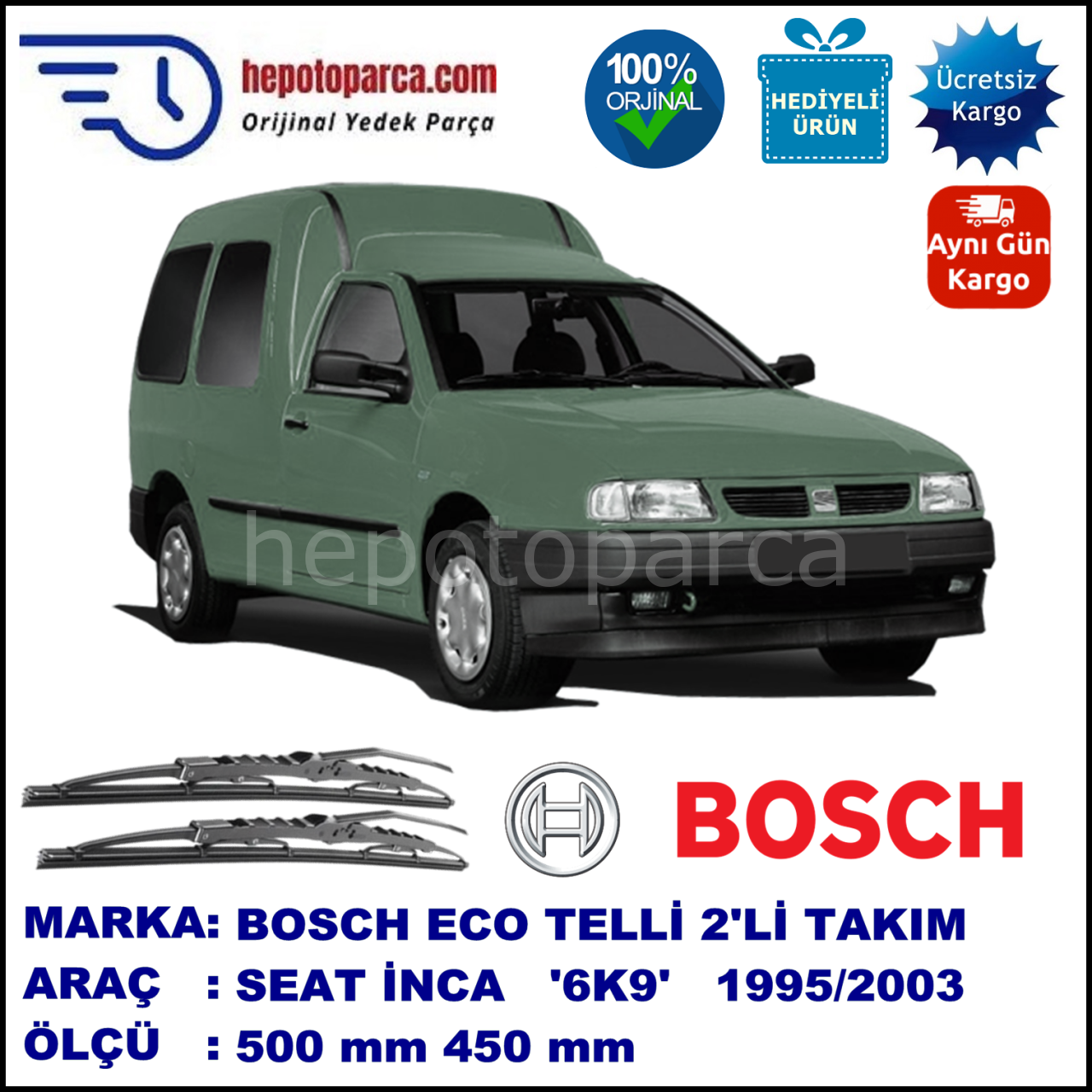 SEAT Inca [6K9] 11.95-06.03 500 / 450 mm. BOSCH ECO Telli Silecek 2'li Takım