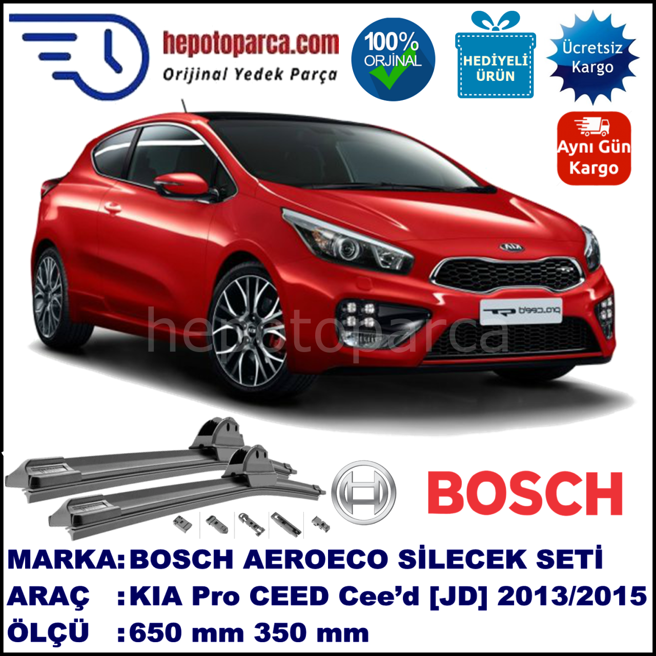 KIA Pro CEED   Cee’d [JD] 01.2013-..., 650 / 350 mm. BOSCH AEROECO Aparatlı Muz Silecek