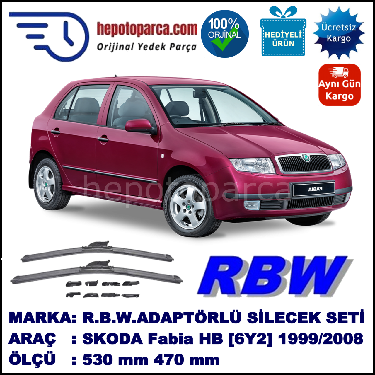 SKODA Fabia Hatchback [6Y2] 09.1999-03.2008, 530 / 470 mm.  RBW  ADAPTÖRLÜ MUZ SİLECEK SETİ