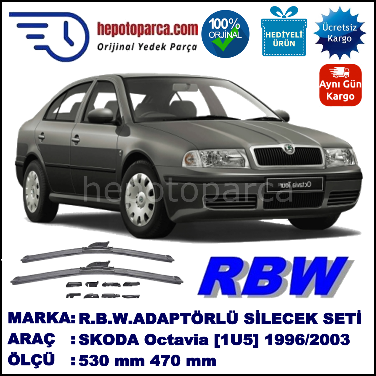 SKODA Octavia [1U2] 09.1996-12.2010, 530 / 470 mm.  RBW  ADAPTÖRLÜ MUZ SİLECEK SETİ