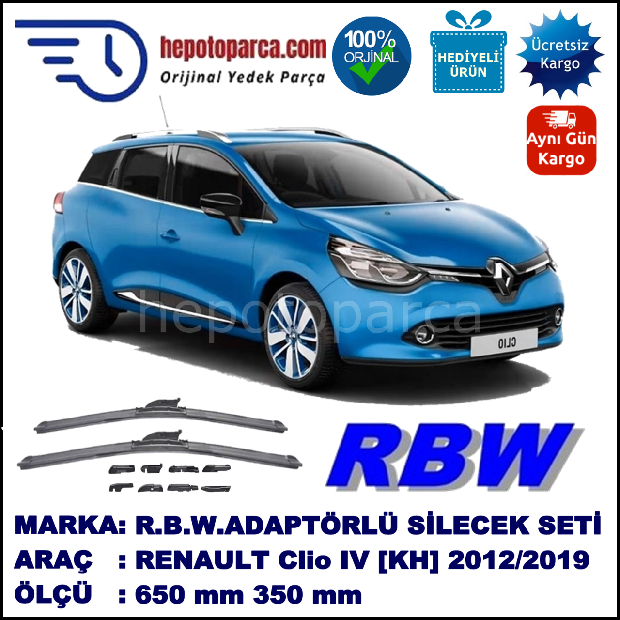 RENAULT Clio IV Grandtour [KH] 11.2012-..., 650 / 350 mm.  RBW  ADAPTÖRLÜ MUZ SİLECEK SETİ