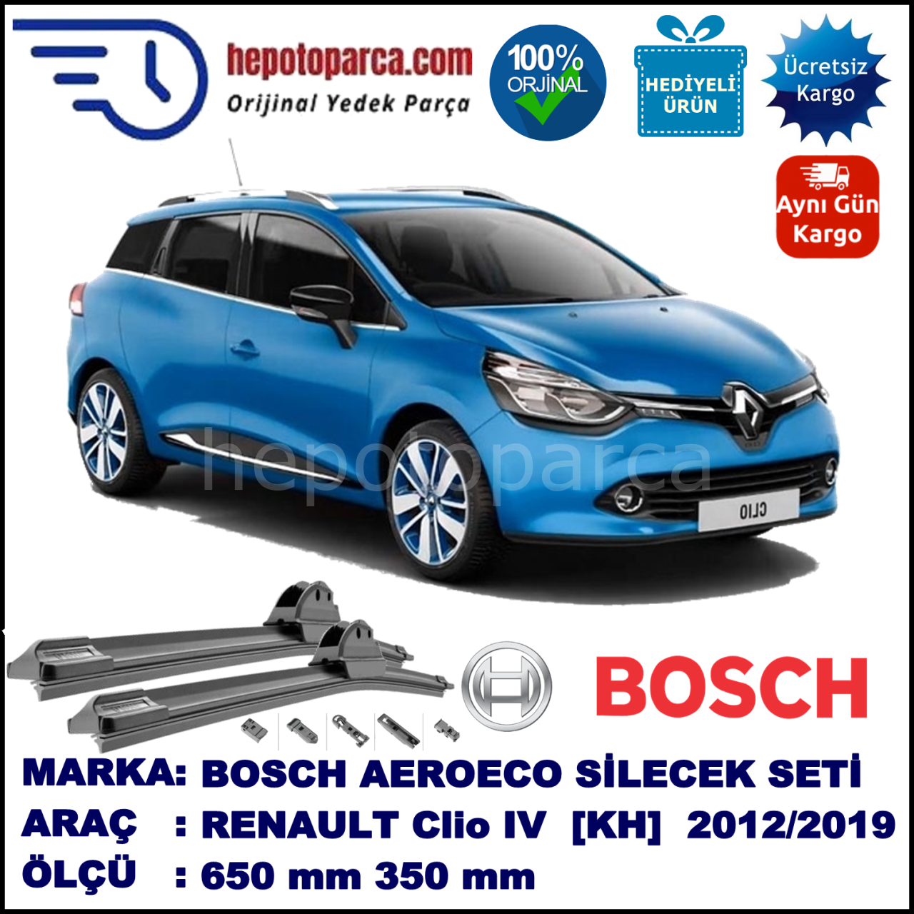 RENAULT Clio IV Grandtour [KH] 11.2012-..., 650 / 350 mm. BOSCH AEROECO Aparatlı Muz Silecek