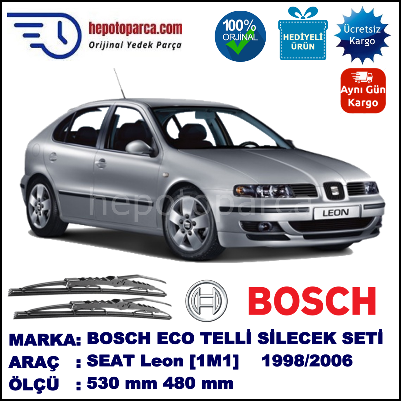 SEAT Leon [1M1] 10.98-06.06 530 / 480 mm. BOSCH ECO Telli Silecek 2'li Takım