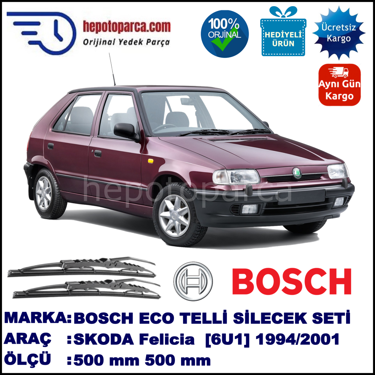 SKODA Felicia [6U1] 10.94-08.01 500 / 500 mm. BOSCH ECO Telli Silecek 2'li Takım