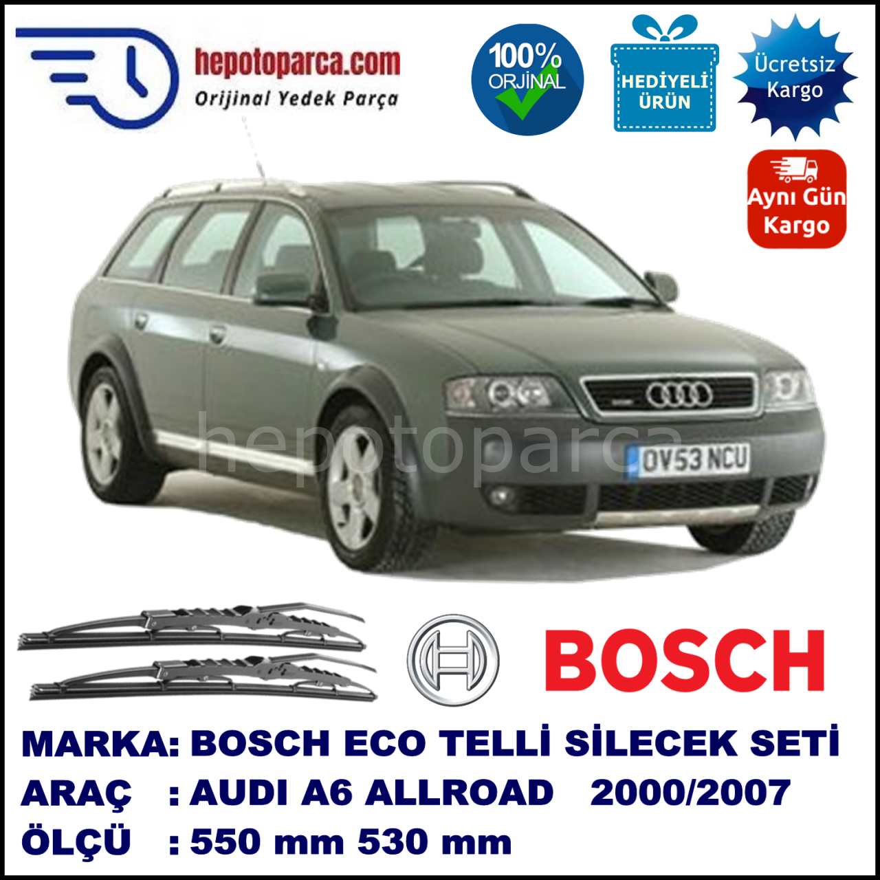 AUDI A6 Avant Allroad [4BH; C5] 05.00-12.00 550 / 530 mm. BOSCH ECO Telli Silecek 2'li Takım