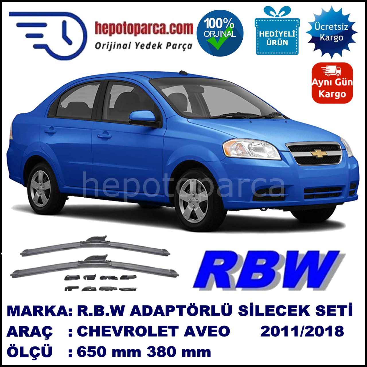 CHEVROLET Aveo [KL1T,T300] 06.2011-..., 650 / 380 mm.  RBW  ADAPTÖRLÜ MUZ SİLECEK SETİ