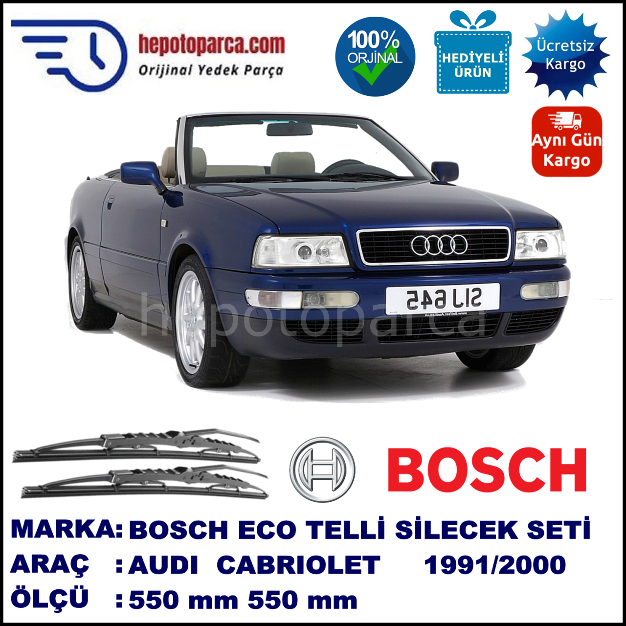 AUDI Cabriolet [8G7; B4] 06.91-08.00 550 / 550 mm. BOSCH ECO Telli Silecek 2'li Takım