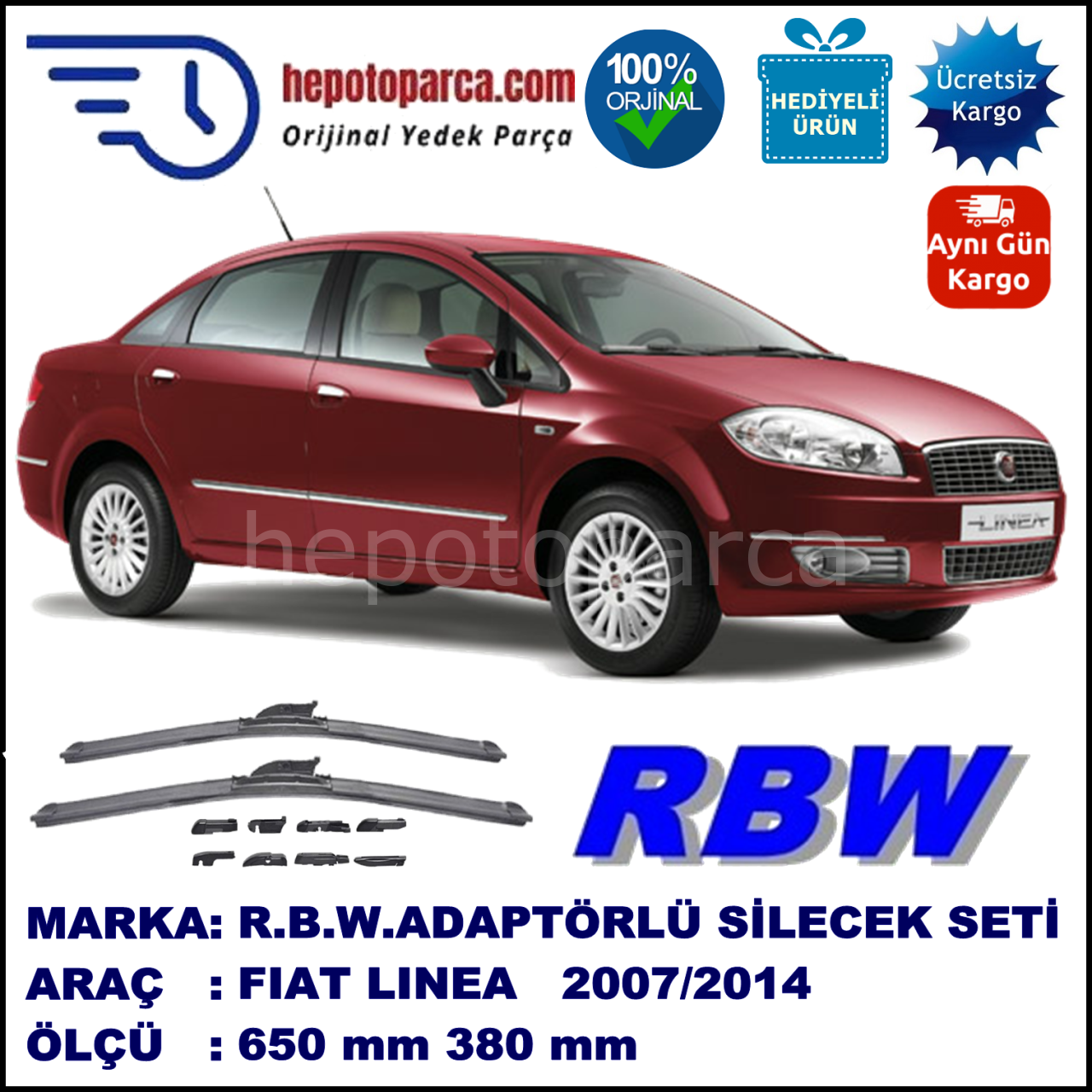 FIAT Linea [323] 03.2007-..., 650 / 380 mm.  RBW  ADAPTÖRLÜ MUZ SİLECEK SETİ