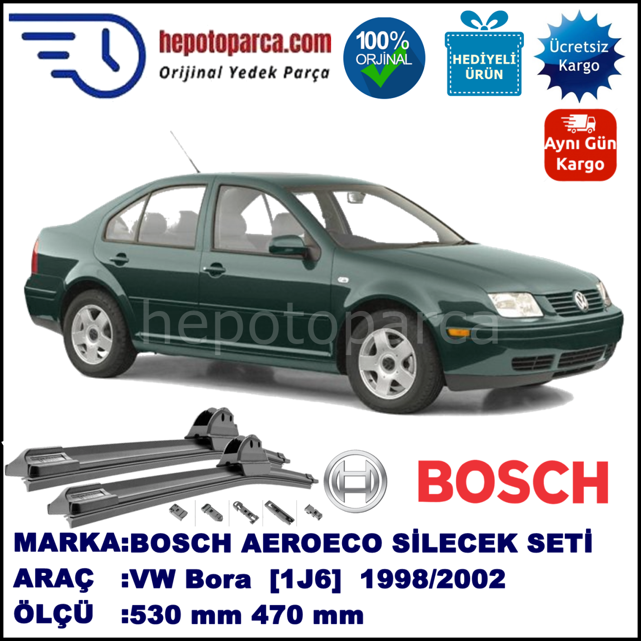 VW Bora [1J2] 09.1998-05.2002, 530 / 470 mm. BOSCH AEROECO Aparatlı Muz Silecek