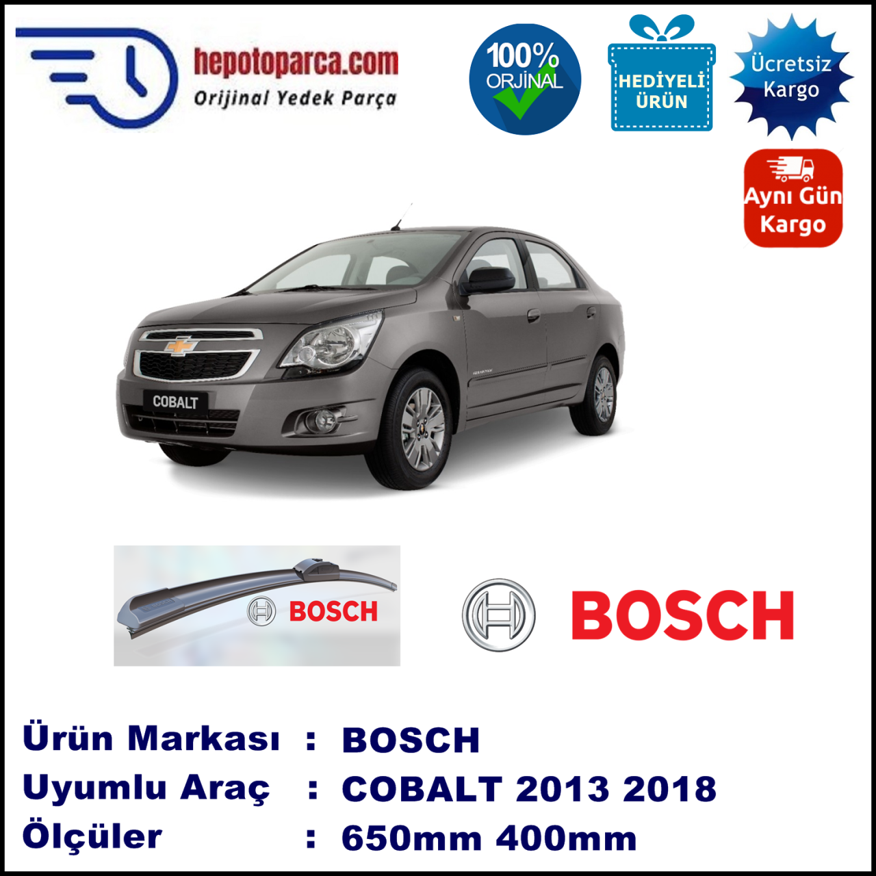 CHEVROLET Cobalt  01.2013-..., 650 / 400 mm. BOSCH AEROECO Aparatlı Muz Silecek