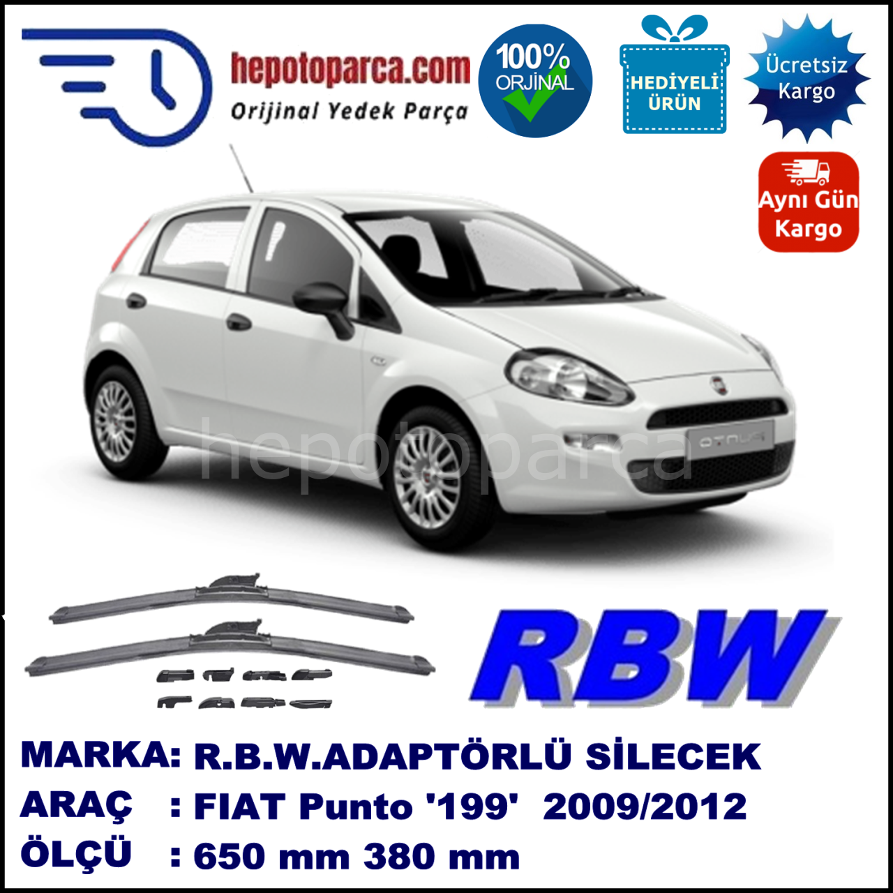 FIAT Punto Evo [199..] 10.2009-..., 650 / 380 mm.  RBW  ADAPTÖRLÜ MUZ SİLECEK SETİ