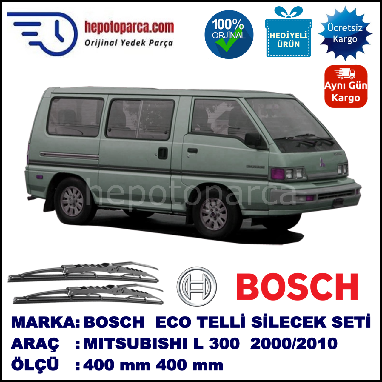 MITSUBISHI L300 Exceed  02.2000--> 400 / 400 mm. BOSCH Telli Silecek 2'li Takım U Kanca Uyumlu