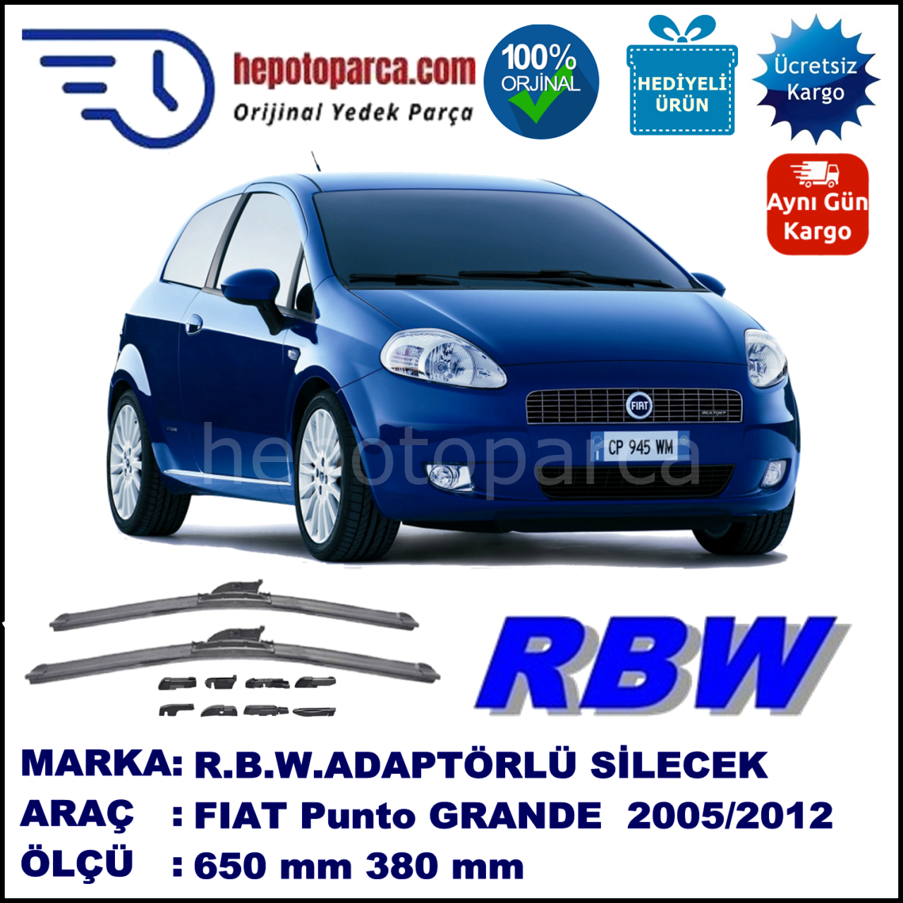 FIAT Punto Grande [199..] 10.2005-..., 650 / 380 mm.  RBW  ADAPTÖRLÜ MUZ SİLECEK SETİ