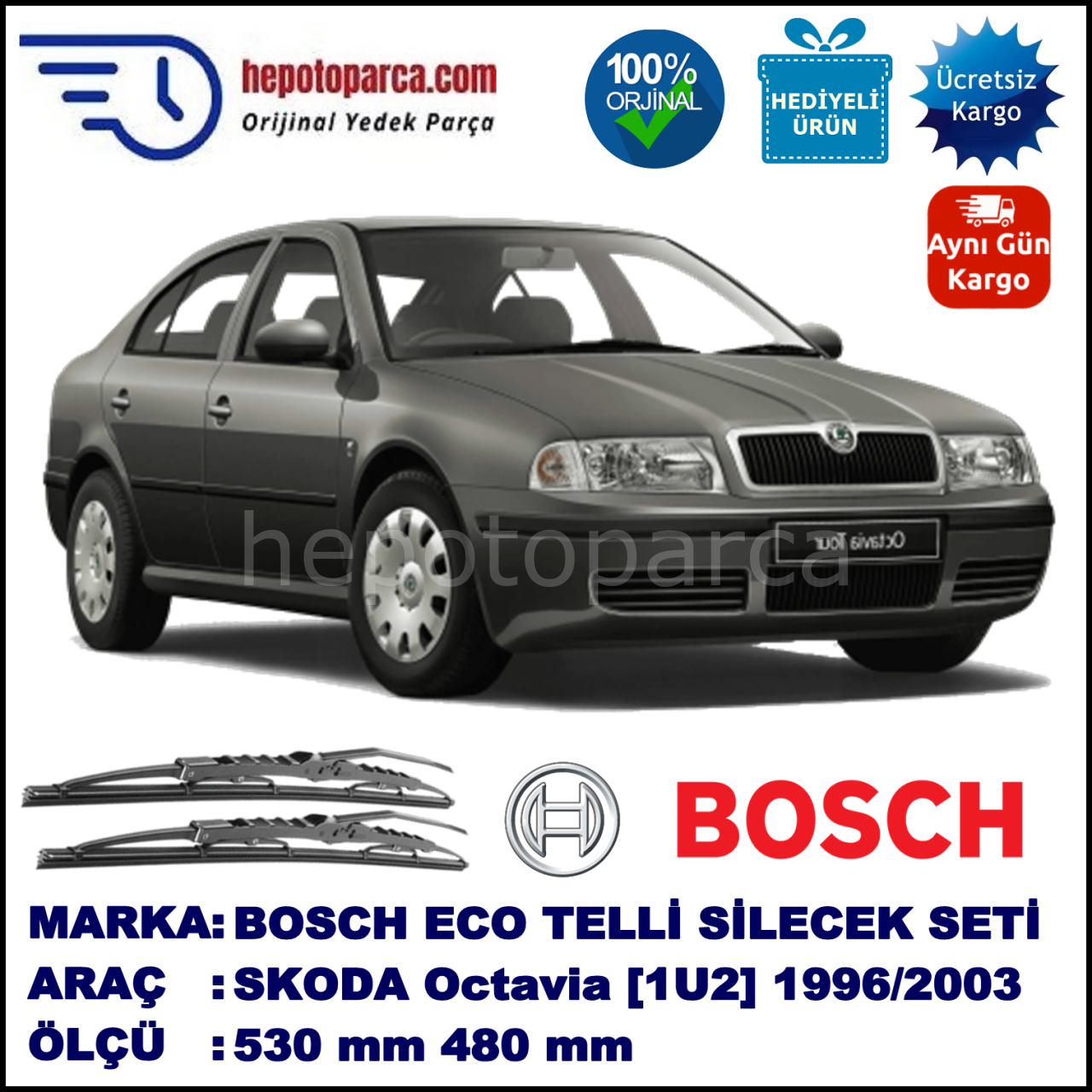 SKODA Octavia [1U2] 09.96-12.10 530 / 480 mm. BOSCH ECO Telli Silecek 2'li Takım