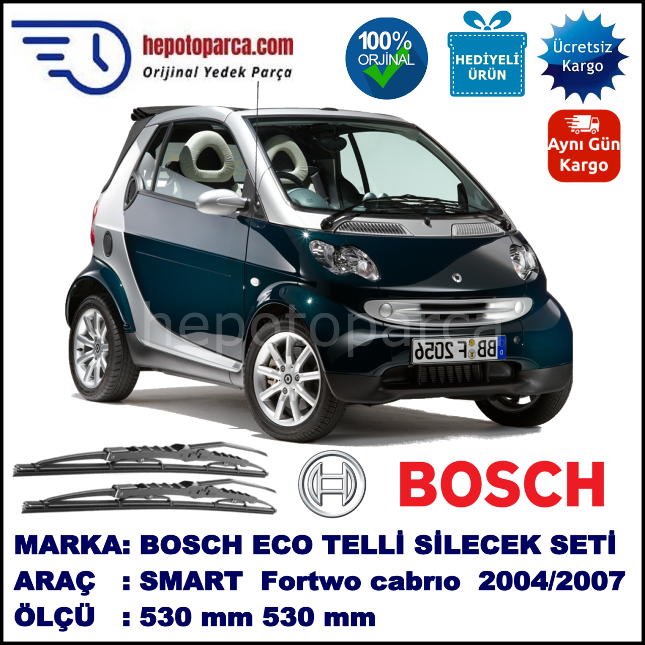 SMART (MCC) Fortwo Cabrio [450] 02.04-03.07 530 / 530 mm. BOSCH ECO Telli Silecek 2'li Takım