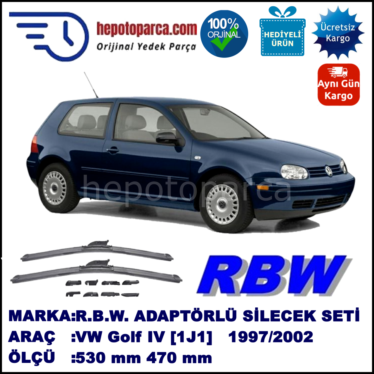 VW Golf IV [1J1] 10.1997-05.2002, 530 / 470 mm.  RBW  ADAPTÖRLÜ MUZ SİLECEK SETİ