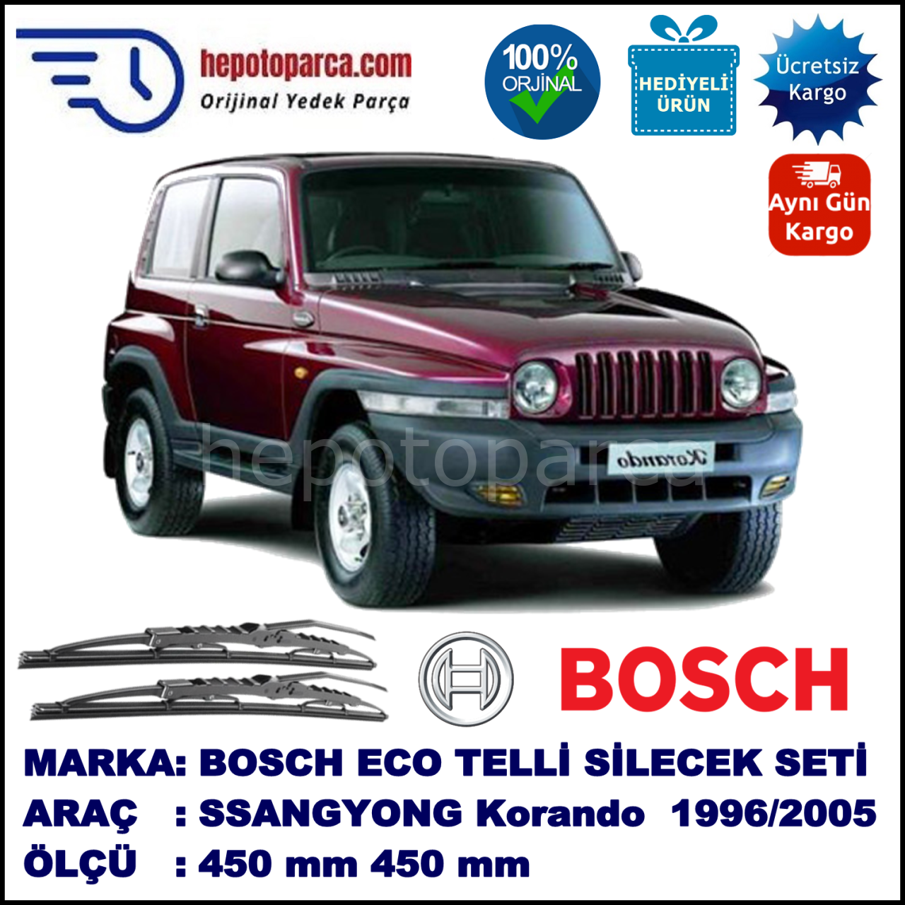 SSANGYONG Korando [KJ] 07.96-12.05 450 / 450 mm. BOSCH ECO Telli Silecek 2'li Takım
