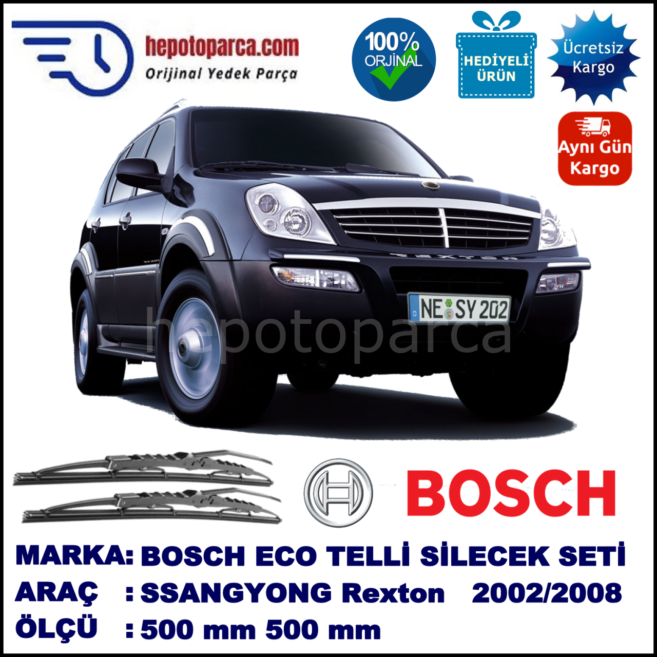 SSANGYONG Rexton  05.02-... 500 / 500 mm. BOSCH ECO Telli Silecek 2'li Takım