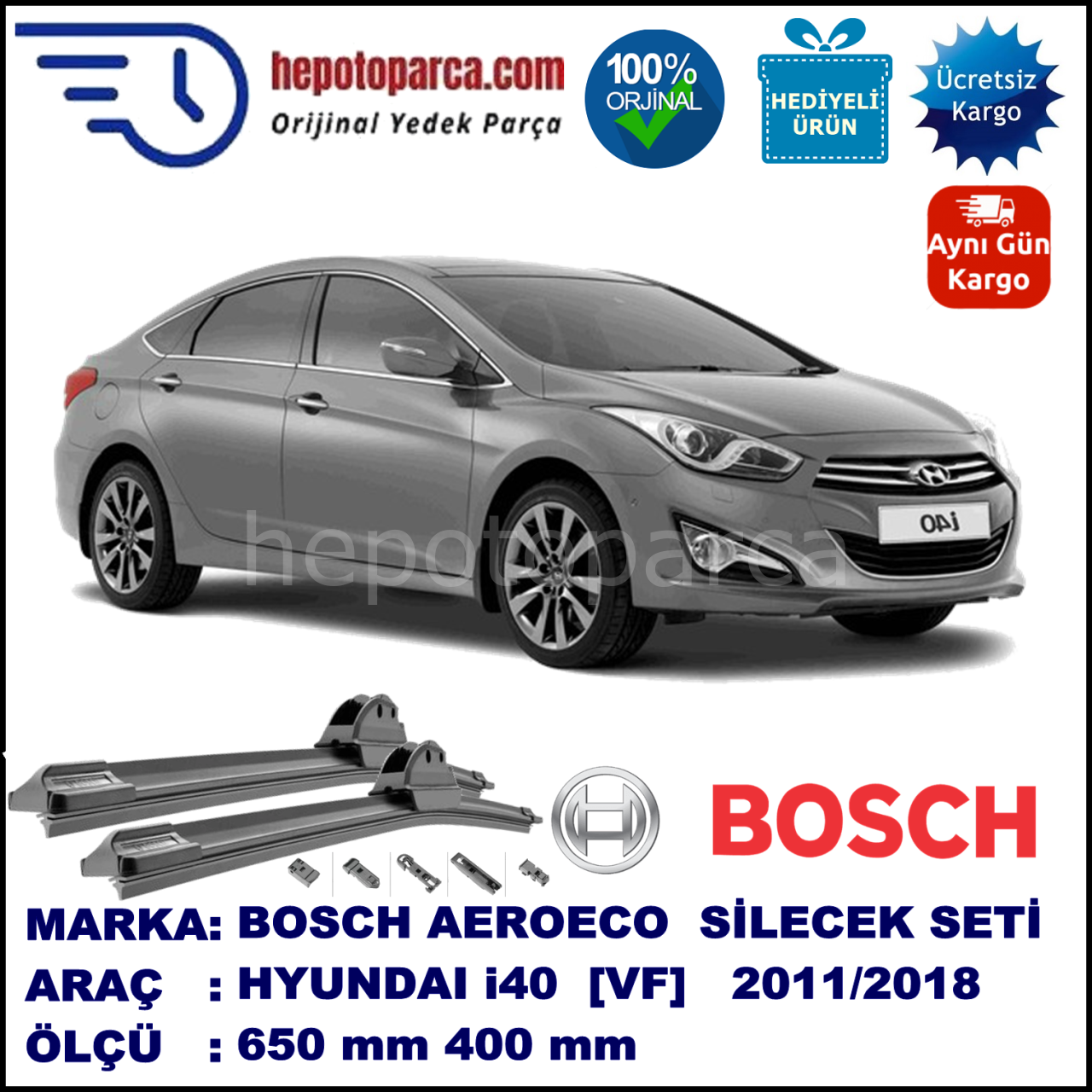 HYUNDAI i40  [VF] 04.2011-..., 650 / 400 mm. BOSCH AEROECO Aparatlı Muz Silecek