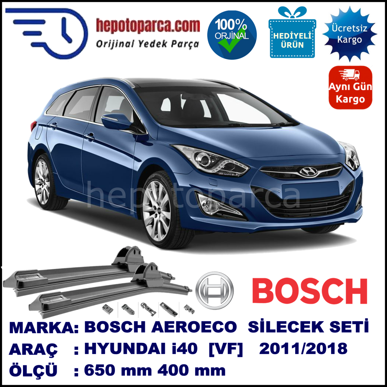 HYUNDAI i40 CW Kombi [VF] 03.2011-..., 650 / 400 mm. BOSCH AEROECO Aparatlı Muz Silecek