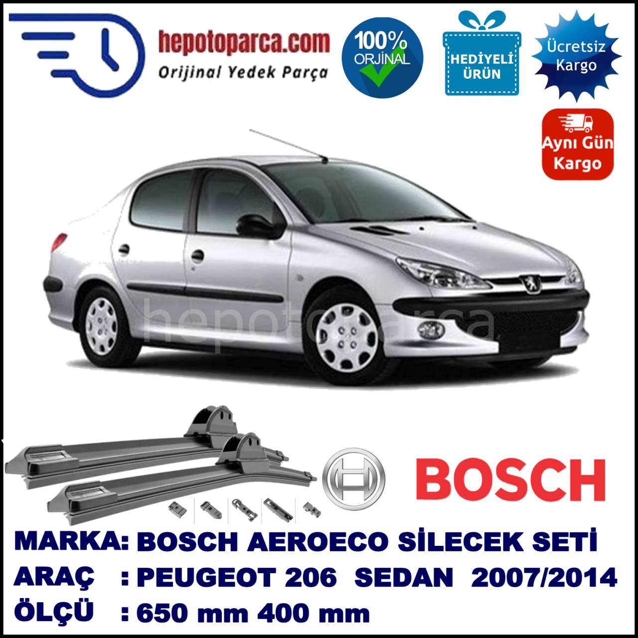 IRAN KHODRO Peugeot 206 SD  07.2007-..., 650 / 400 mm. BOSCH AEROECO Aparatlı Muz Silecek