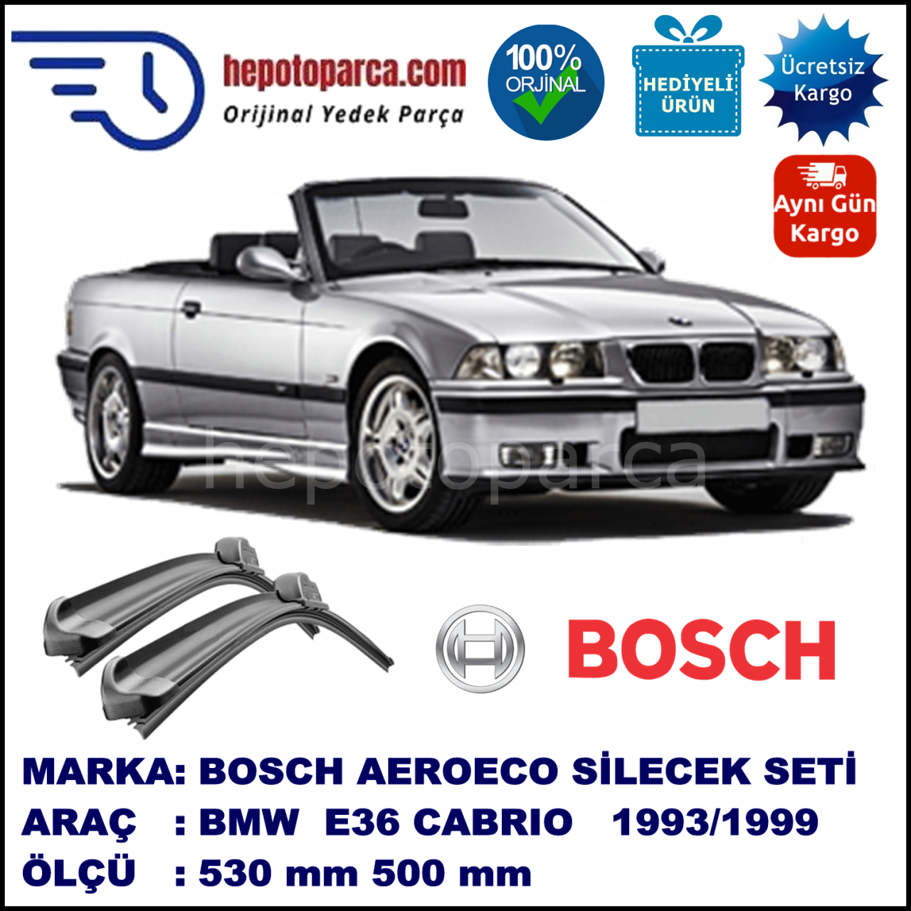 BMW Serie 3 Cabrio [E 36] 03.1993-12.1999, 530 / 500 mm. BOSCH AEROECO Aparatlı Muz Silecek