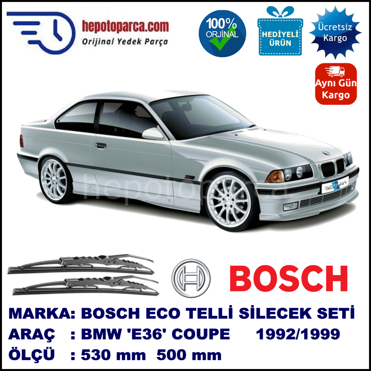 BMW Serie 3 Coupé [E 36] 03.92-12.99 530 / 500 mm. BOSCH ECO Telli Silecek 2'li Takım