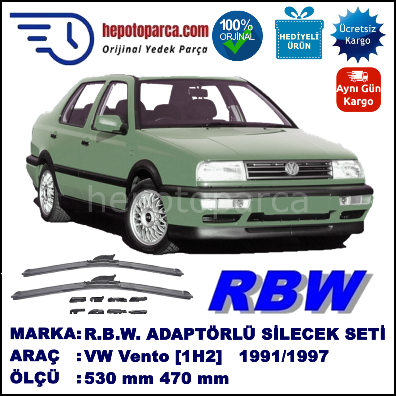 VW Vento [1H2] 11.1991-12.1997, 530 / 470 mm.  RBW  ADAPTÖRLÜ MUZ SİLECEK SETİ