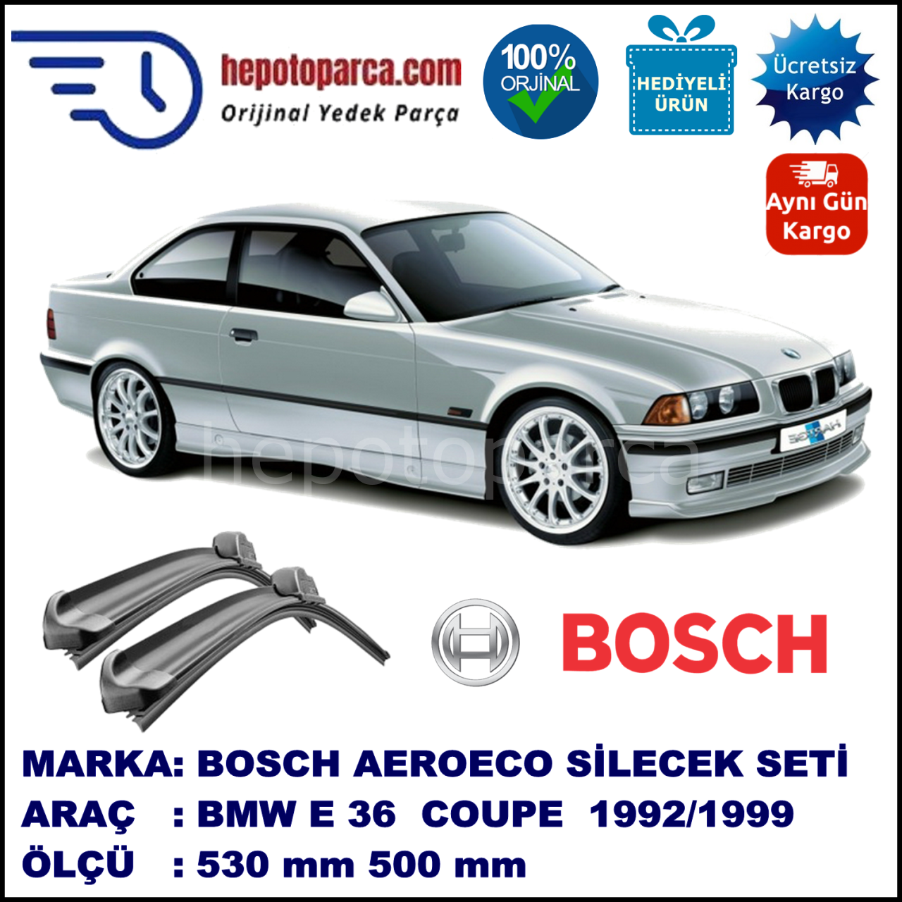 BMW Serie 3 Coupé [E 36] 03.1992-12.1999, 530 / 500 mm. BOSCH AEROECO Aparatlı Muz Silecek